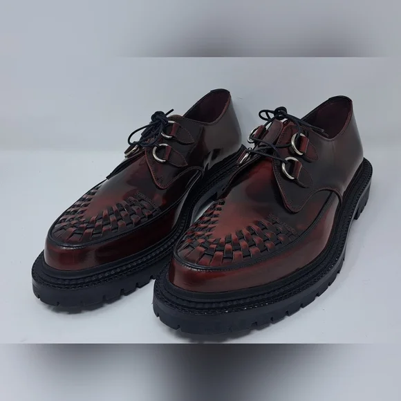 Burberry Mens Shoes Burgundy Leather Woven Lace Up Platform Creepers 11 US 44 EU - Picture 11 of 15